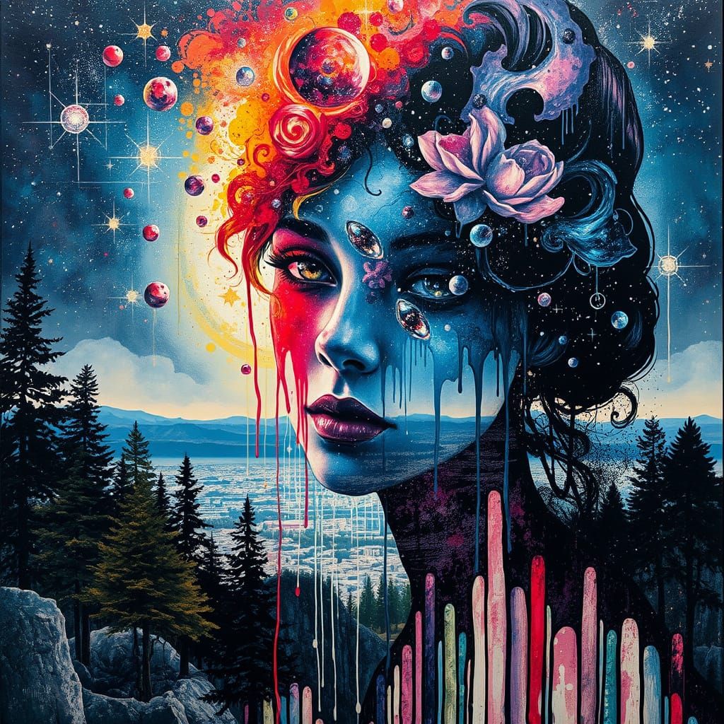 Vibrant Cityscape Galaxy Collides with Princess Silhouette