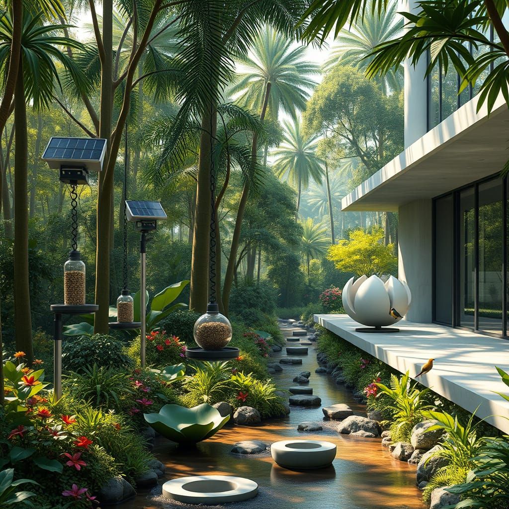 Futuristic Jungle Garden with Solar Bird Feeders
