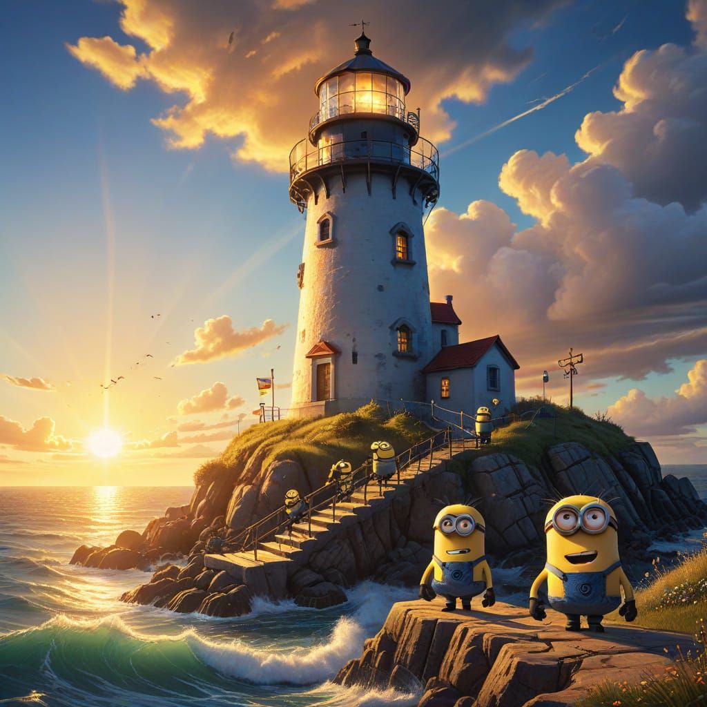 Minions at a Lighthouse: Vibrant Digital Concept Art