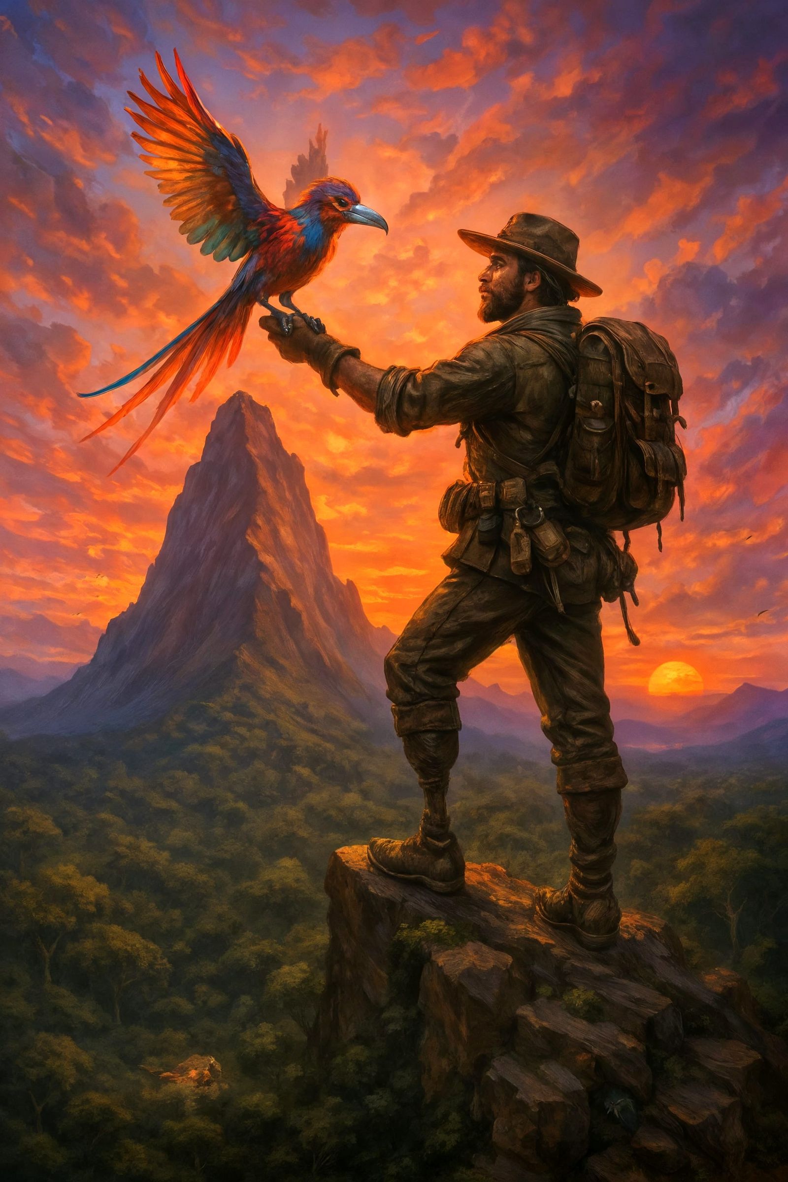 Explorer and Bird on Majestic Mountain: Digital Painting