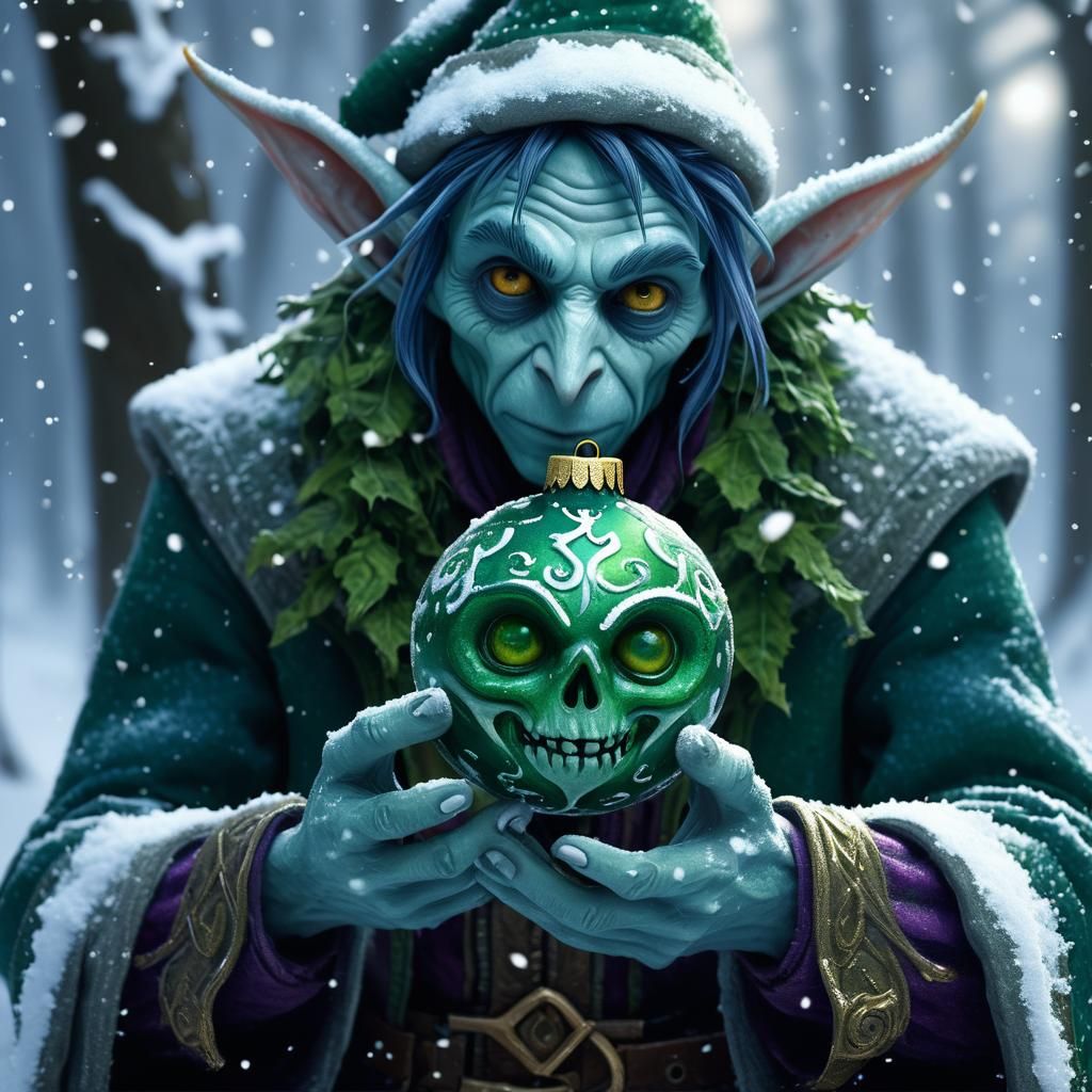 Grotesque Christmas Elf in Dark Fantasy Forest