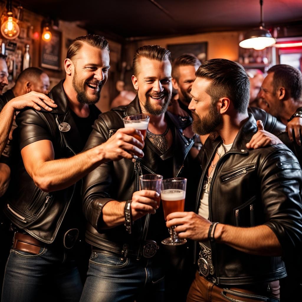 gay male biker gang having fun dancing and drinking alcoholic beverages at an country and western gay biker leather ba...
