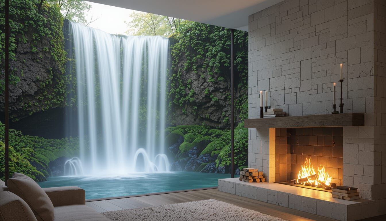 Waterfall Flowing Through Living Room Fireplace