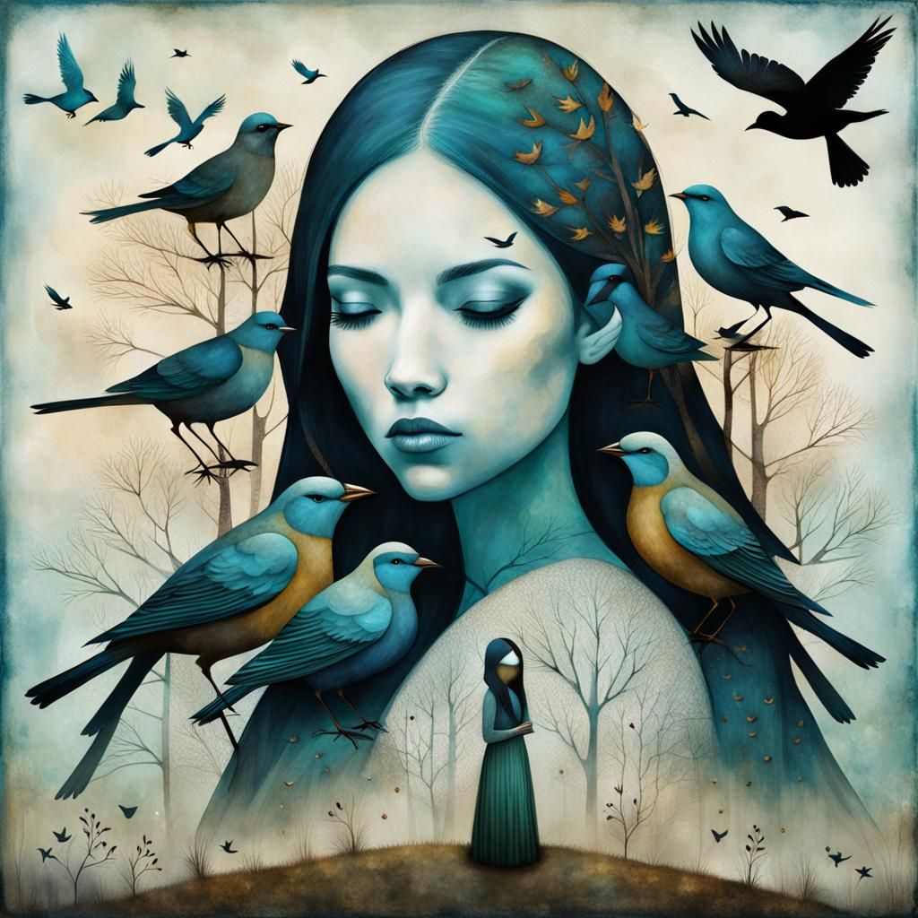 Surreal Double Exposure: Girl and Birds Composite