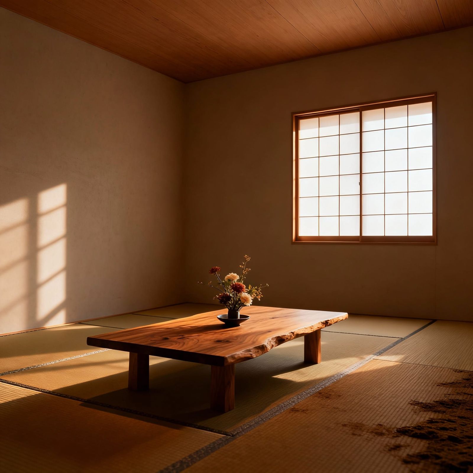 Minimalist Japanese Tea Room with Shoji Light and Ikebana