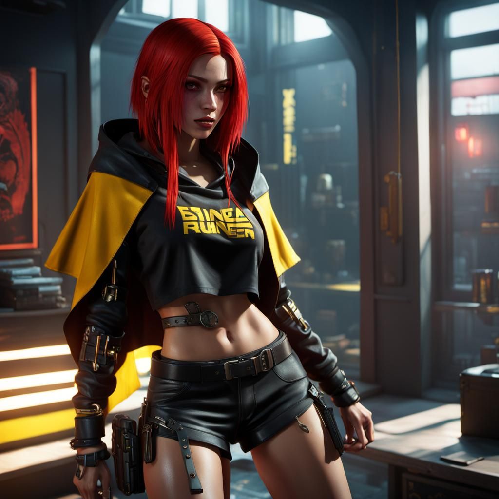 Young girl, Latina, tall, slim, bright sharp facial features, very pretty, bright eyes, red and yellow hair, short hoode...