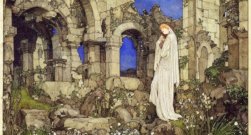 Medieval Irish Ruins: Art Nouveau Pre-Raphaelite Painting