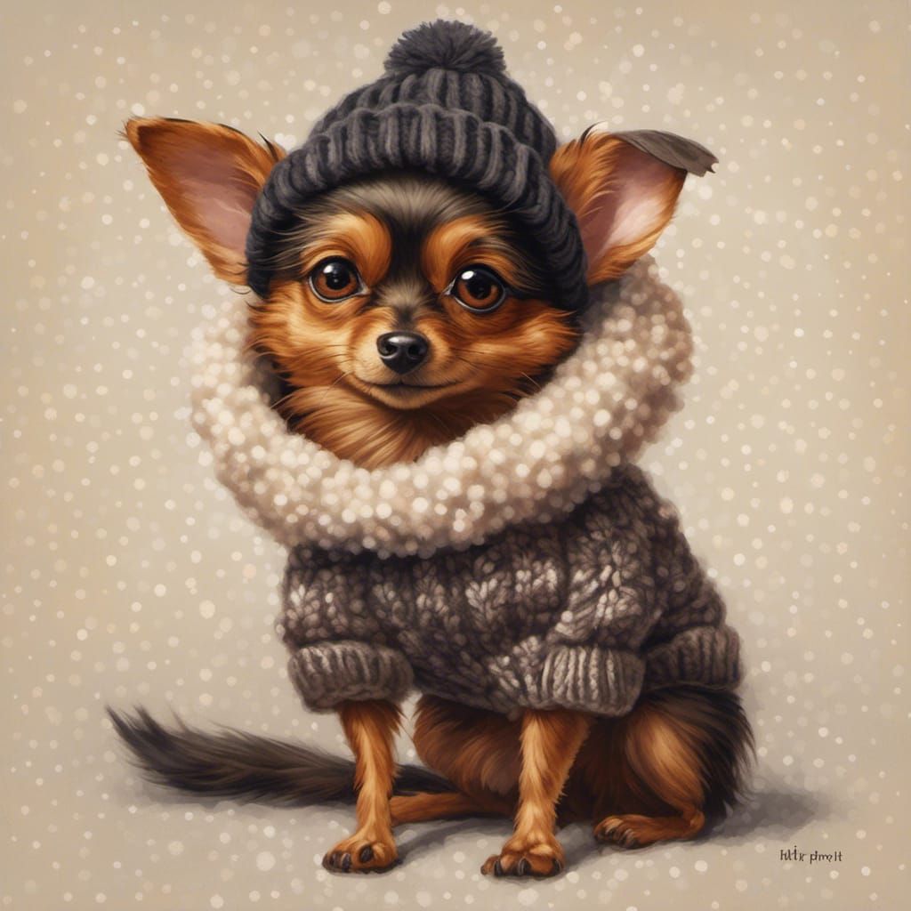 Min Pin Dog in Sweater and Hat, Hyperreal Style