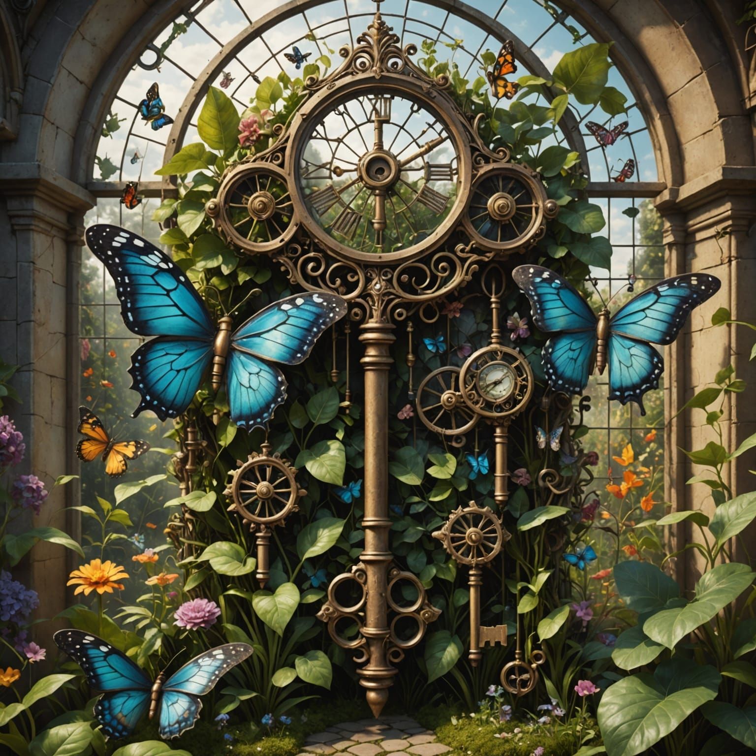 Surreal Garden with Clockwork Plants and Stained-Glass Butte...
