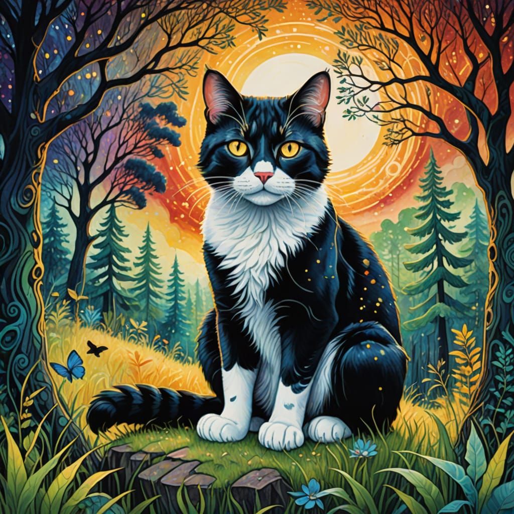 Cosmic Cat Contemplates a Mystical Landscape