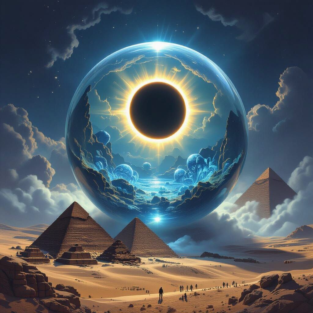 Solar Eclipse Over Pyramids With Mysterious Sphere