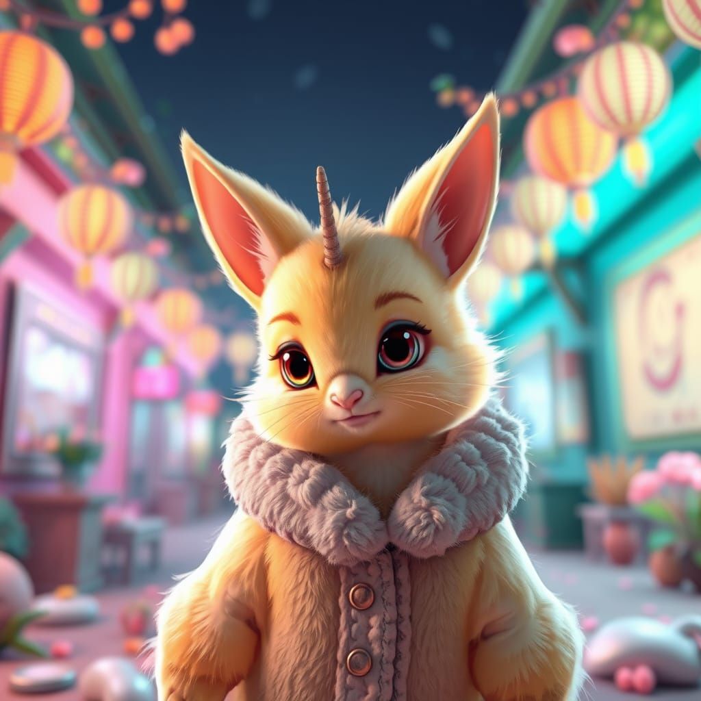 Stylized Anime Chick-Kitten Hybrid with Rabbit Ears and Deer...