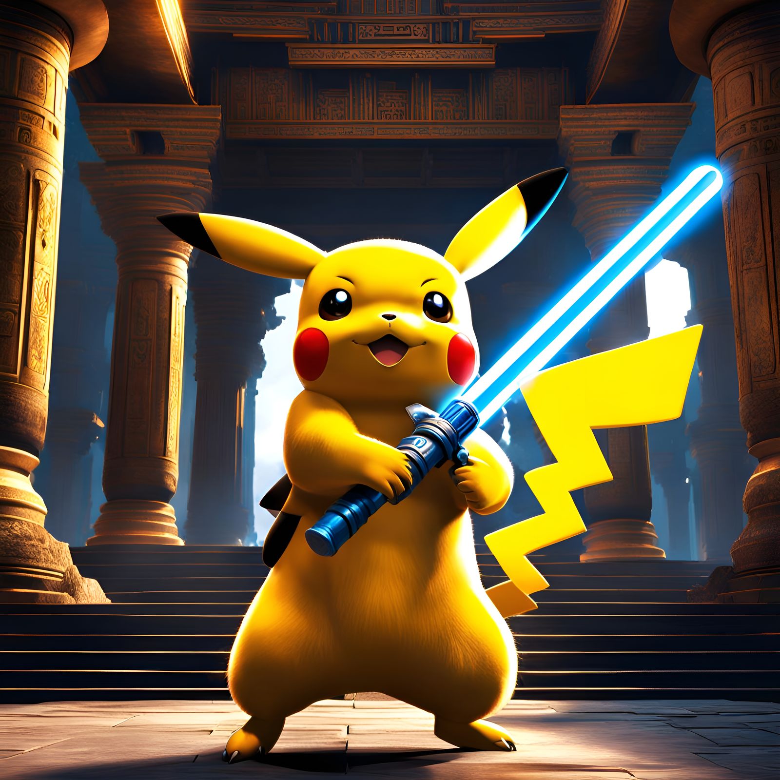 Pikachu Jedi Knight in Ancient Temple