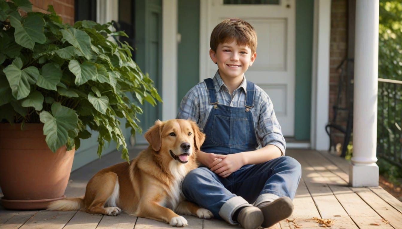 Sunny Child and Loyal Dog Share Cozy Porch Moment in Vintage...