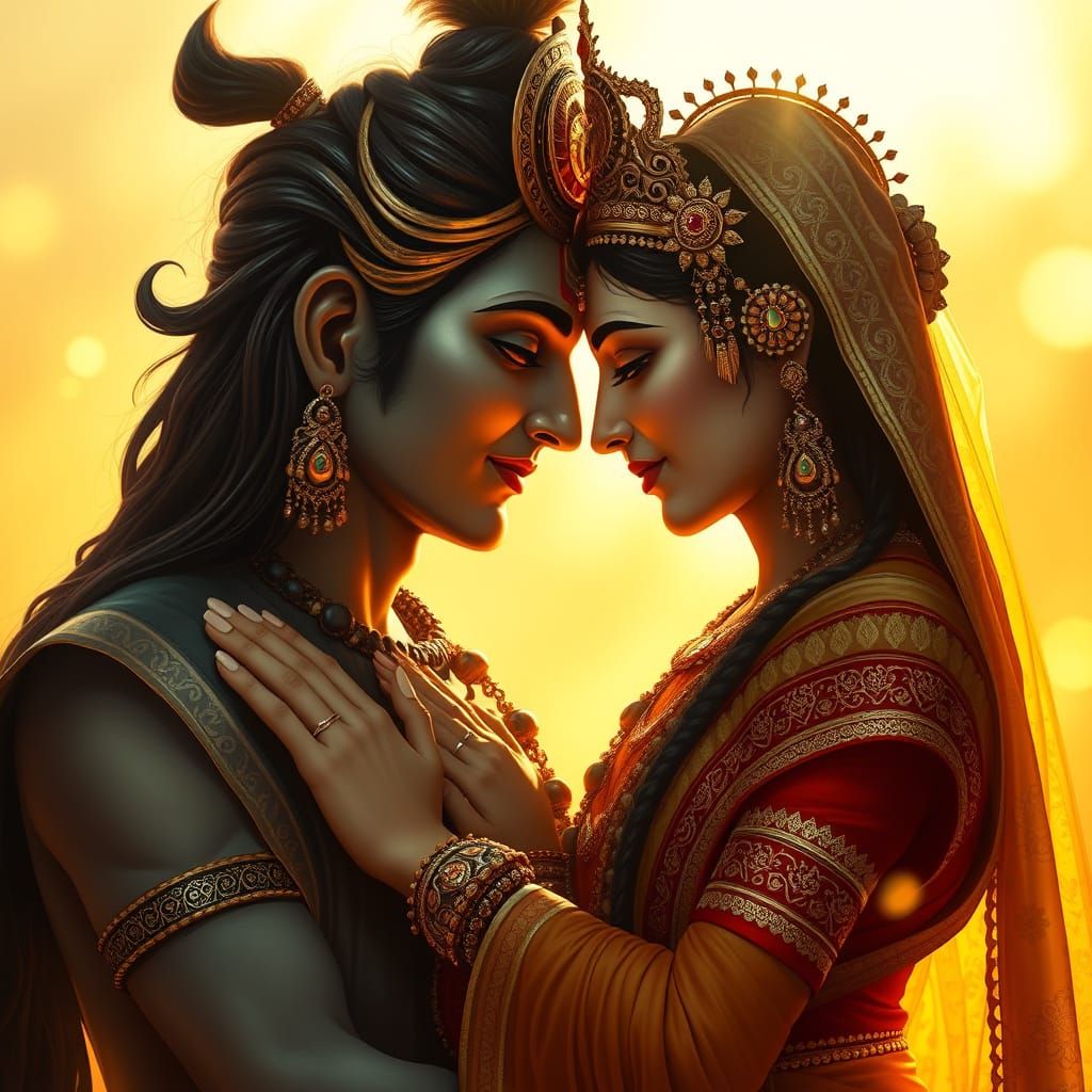 Shiva and Parvati Embrace in Raja Ravi Varma Style