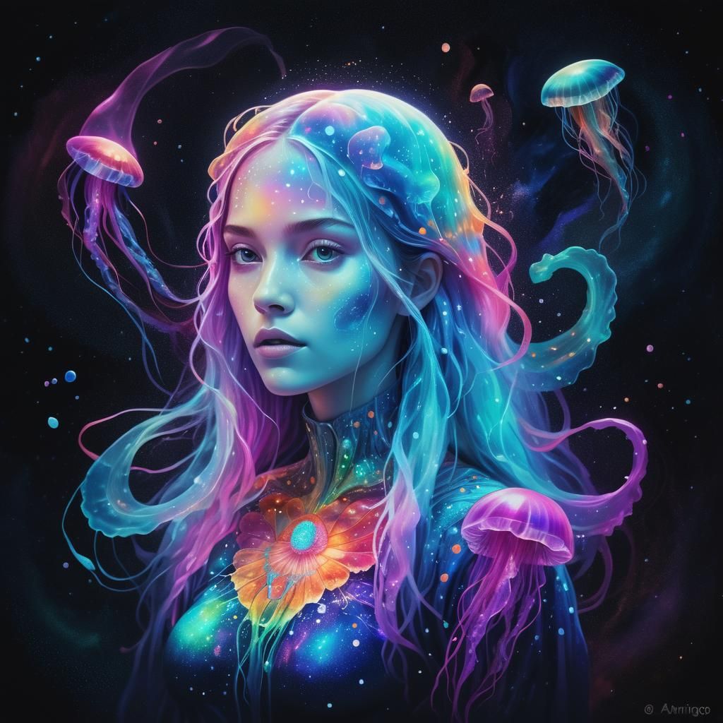 Astral Woman Surrounded by Cosmic Jellyfish