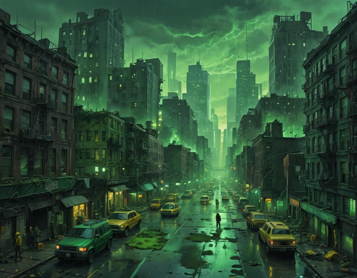 Post-Apocalyptic Cityscape with Green Sky, Digital Painting