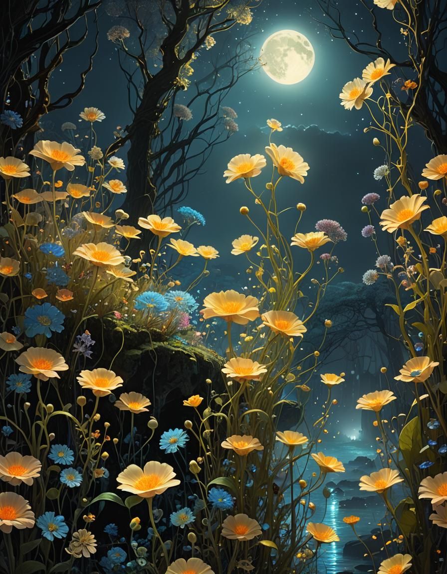 Bioluminescent Flowers in Eerie Moonlight: Klimt Inspired