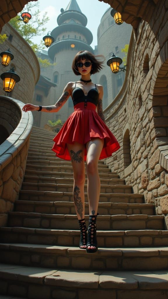 Korean Punk Queen Descends Castle Stairs in Red Miniskirt