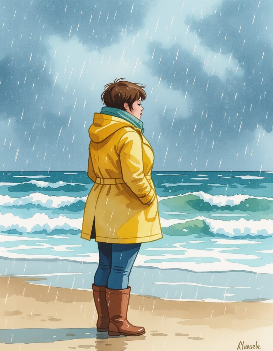 Woman Watches Winter Storm on Beach in Painterly Realism