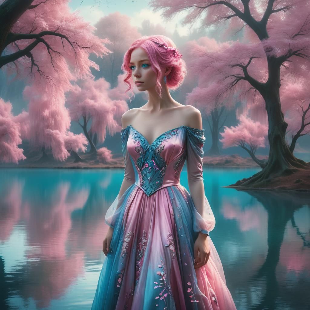 Woman with Pink Hair by Lake in Fantasy Style