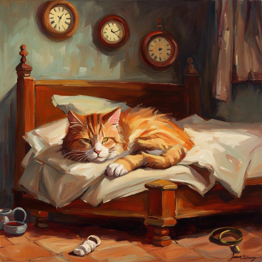 Sleepy Cat Oil Painting in Bedroom Interior