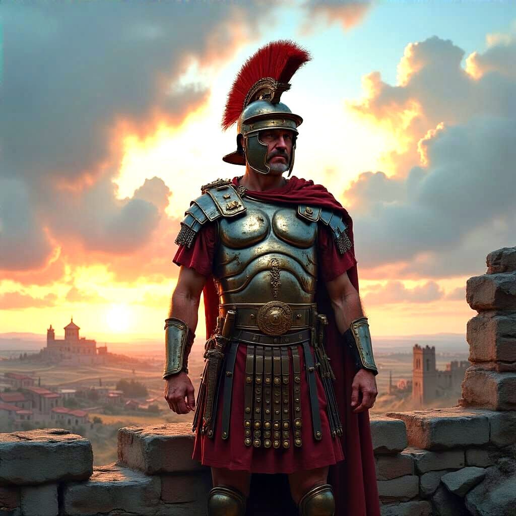 Roman Centurion Surveys Battlefield in Hyperrealistic Style