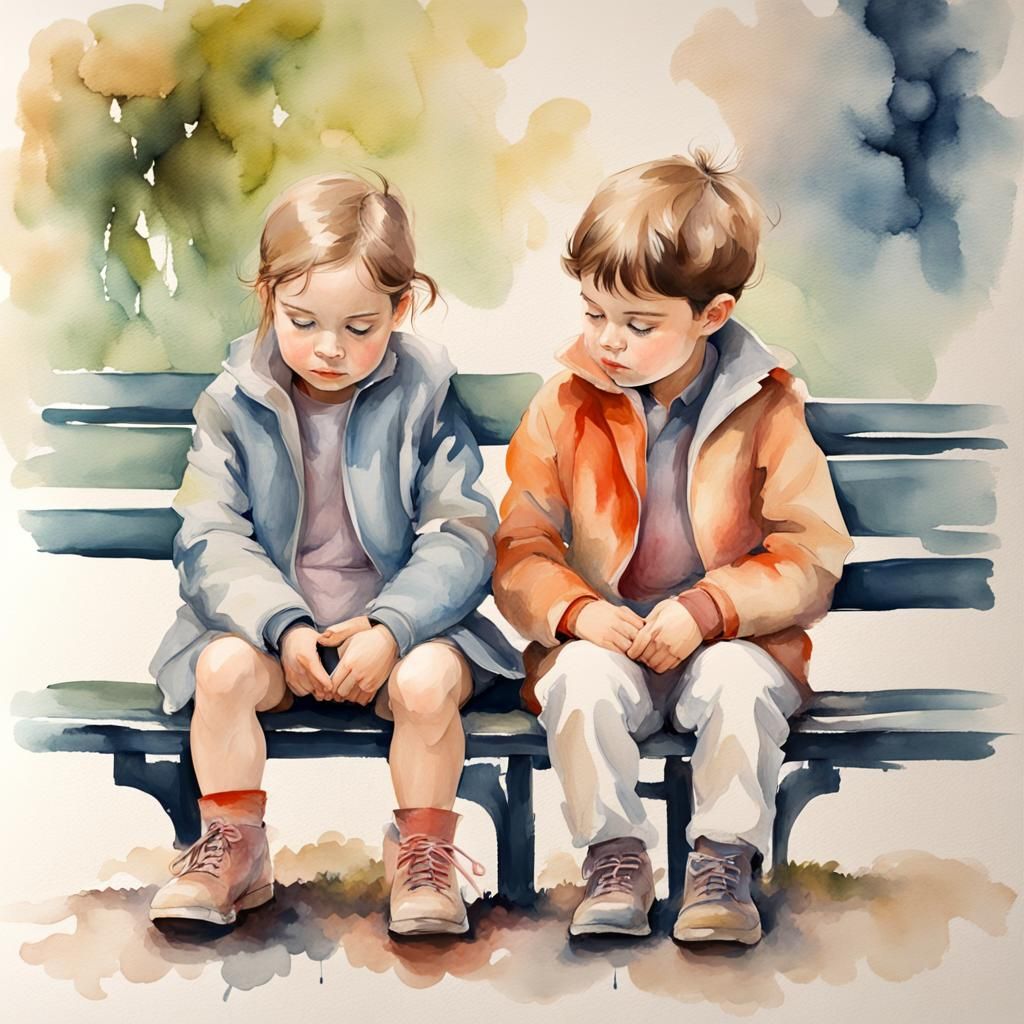 Watercolor Portrait: Children Holding Hands in Park