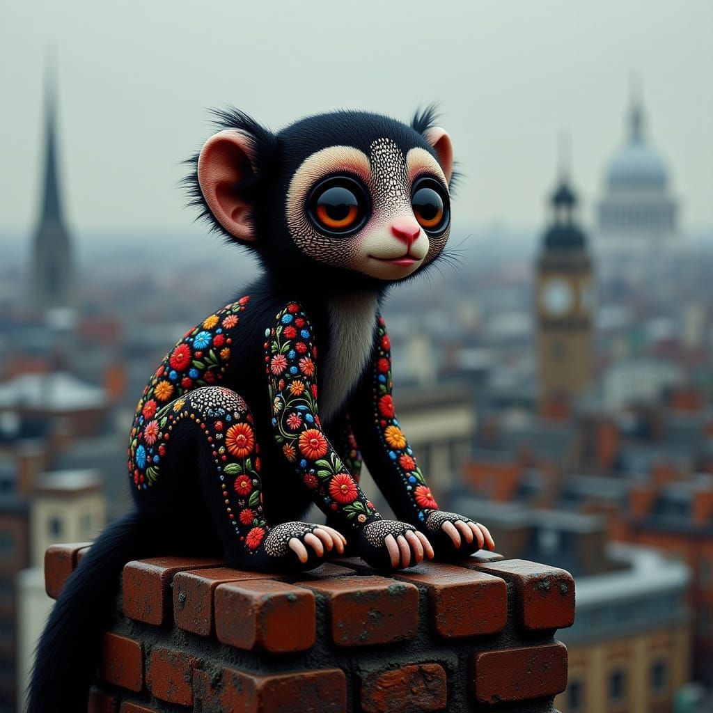 Victorian Alien Lemur Embroidered in Cinematic Hyper-Realism