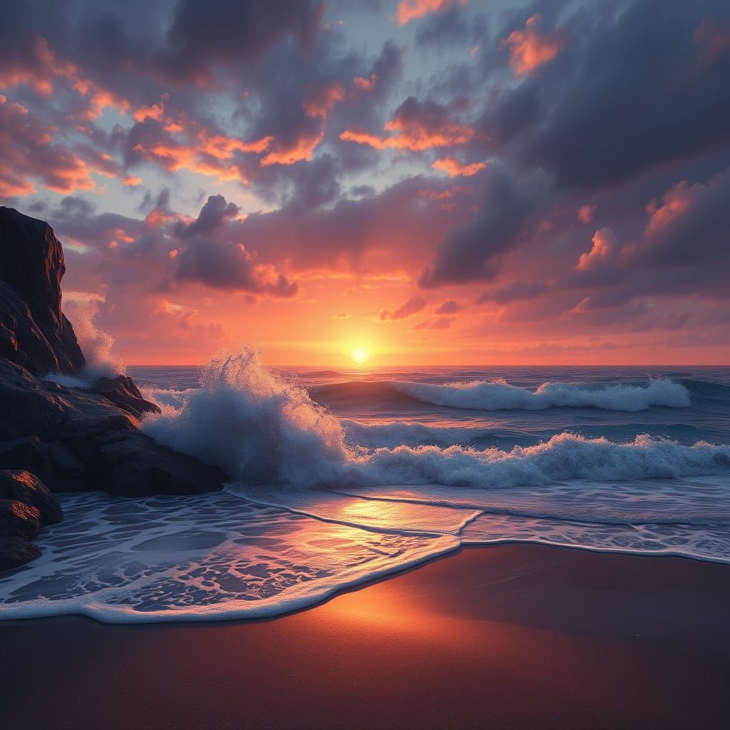 Waves crash against the jagged coast