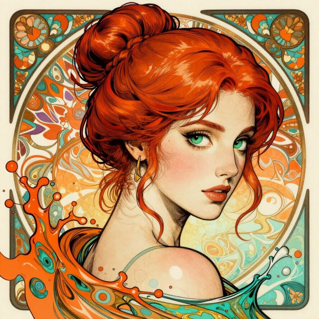 Red Haired Woman Concept Art in Alcohol Ink Style