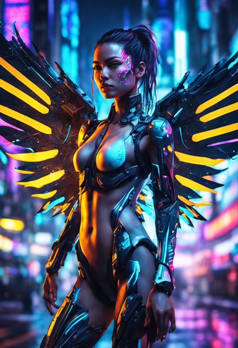 Cyberpunk Cyborg with Neon Wings in Futuristic Tokyo