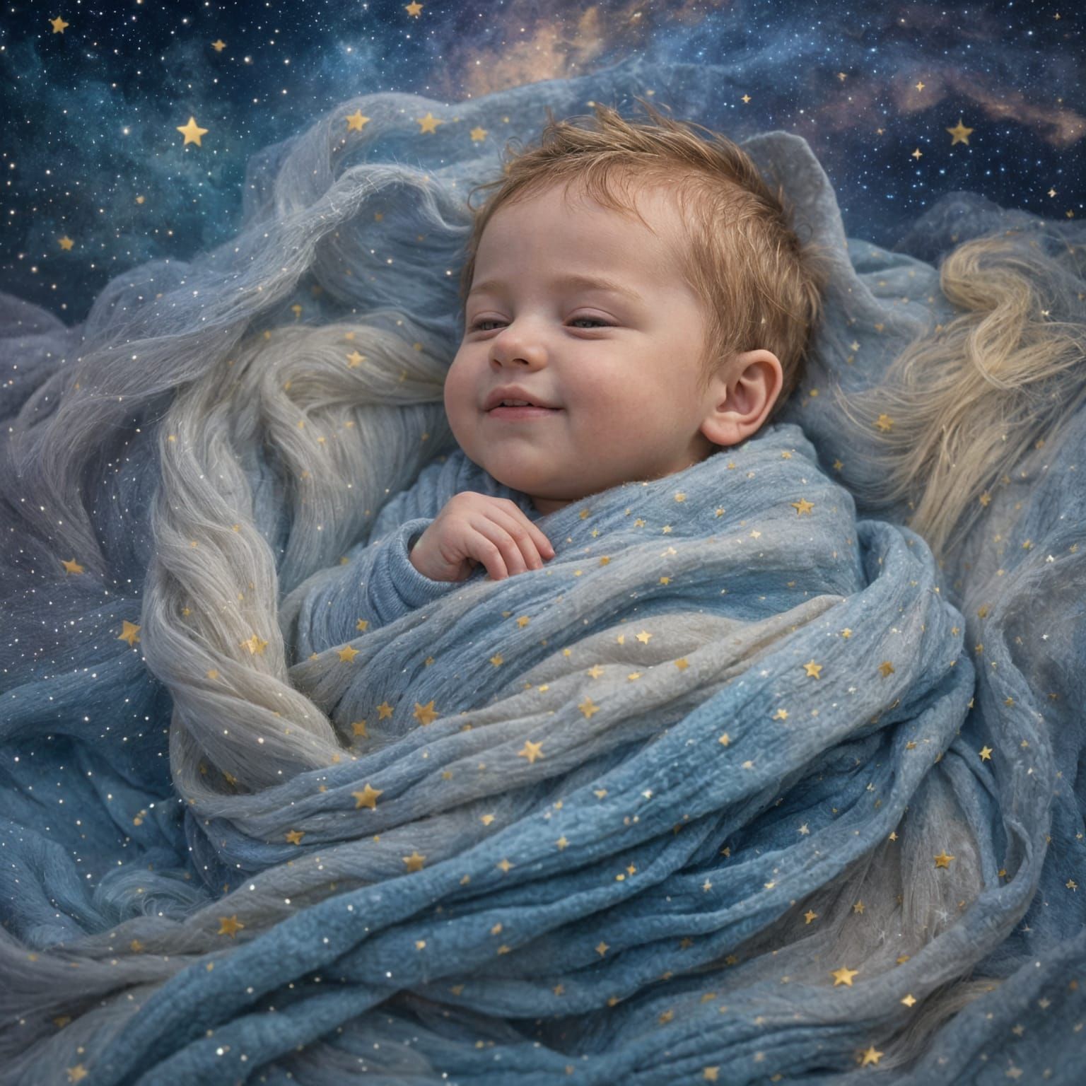Ethereal Baby Deity Wrapped in Starry Blanket