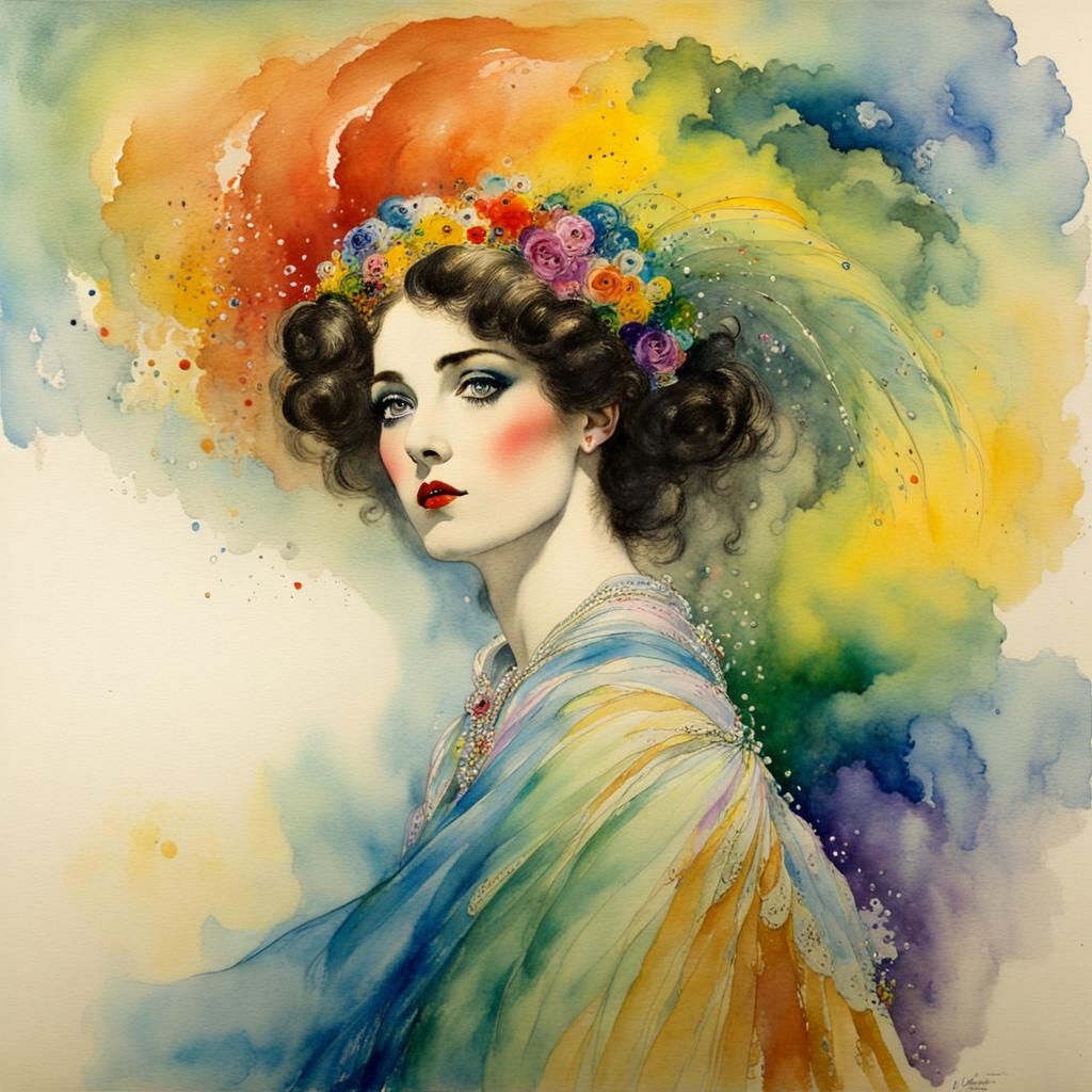 Ethereal Rainbow Lady Portrait in Art Deco Style