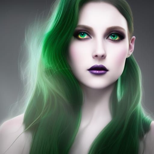 Ethereal Gothic beauty with emerald green hair and Emerald green eyes& smoky black eyeshadow and Emerald green eyeliner&...