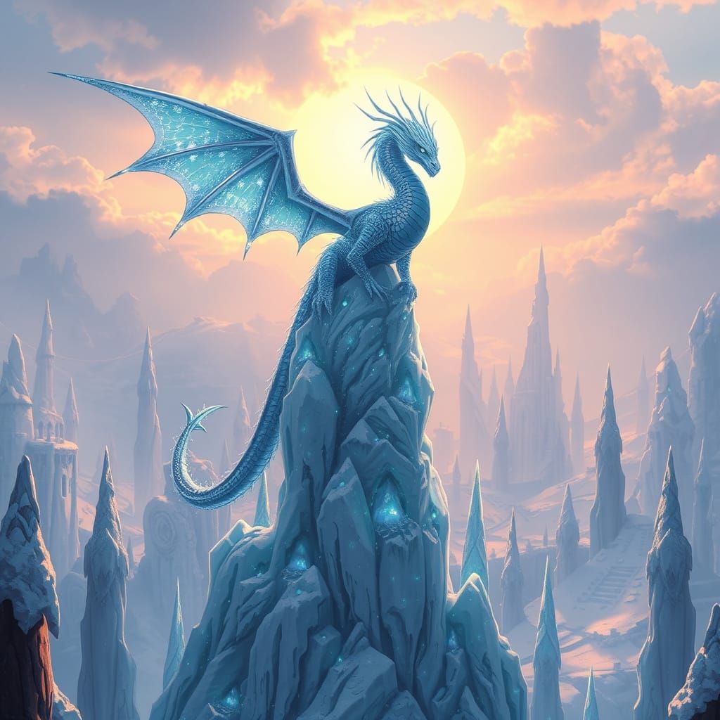 Ice Dragon Over Frozen Metropolis: Digital Art
