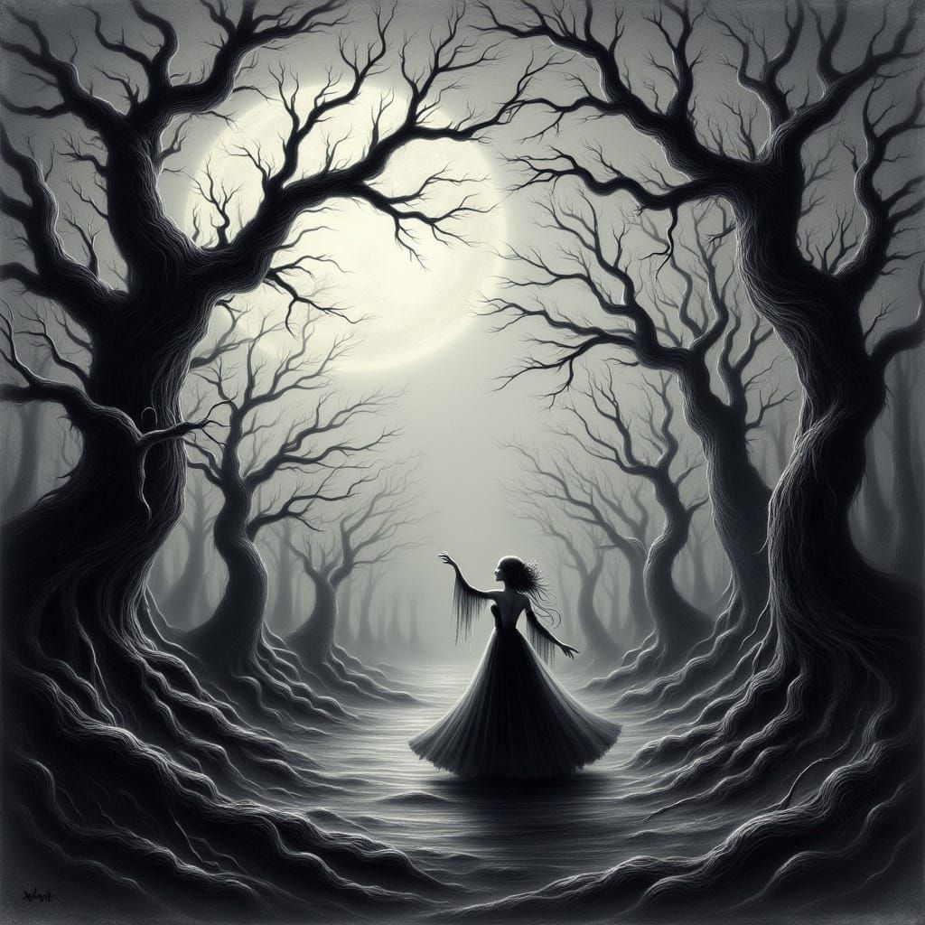 Mystical Forest Charcoal Portrait in Romantic Style