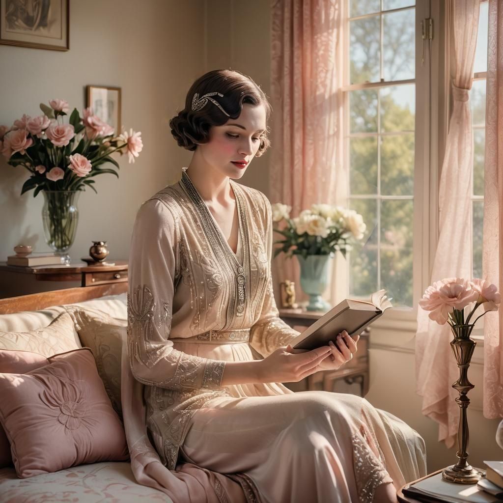 Elegant 1920s Woman Reading in Art Deco Room