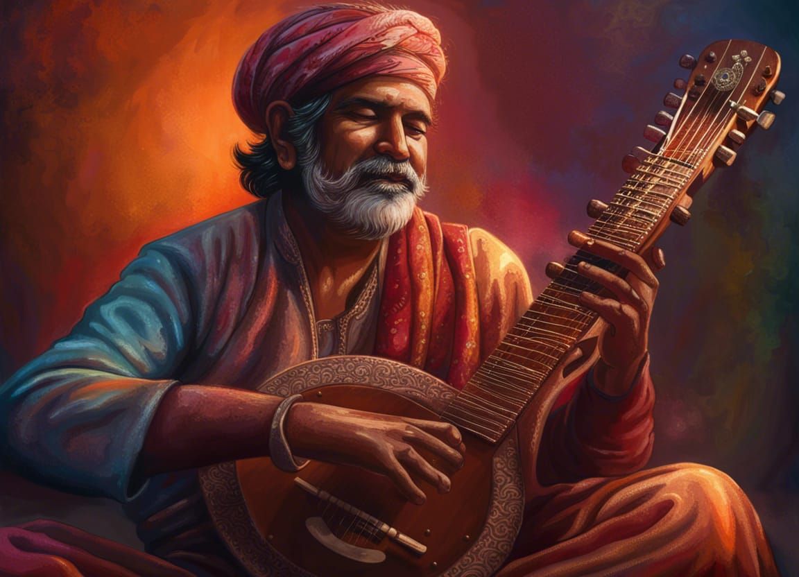 Hyperrealistic Indian Sitar Player in Splash Art Style