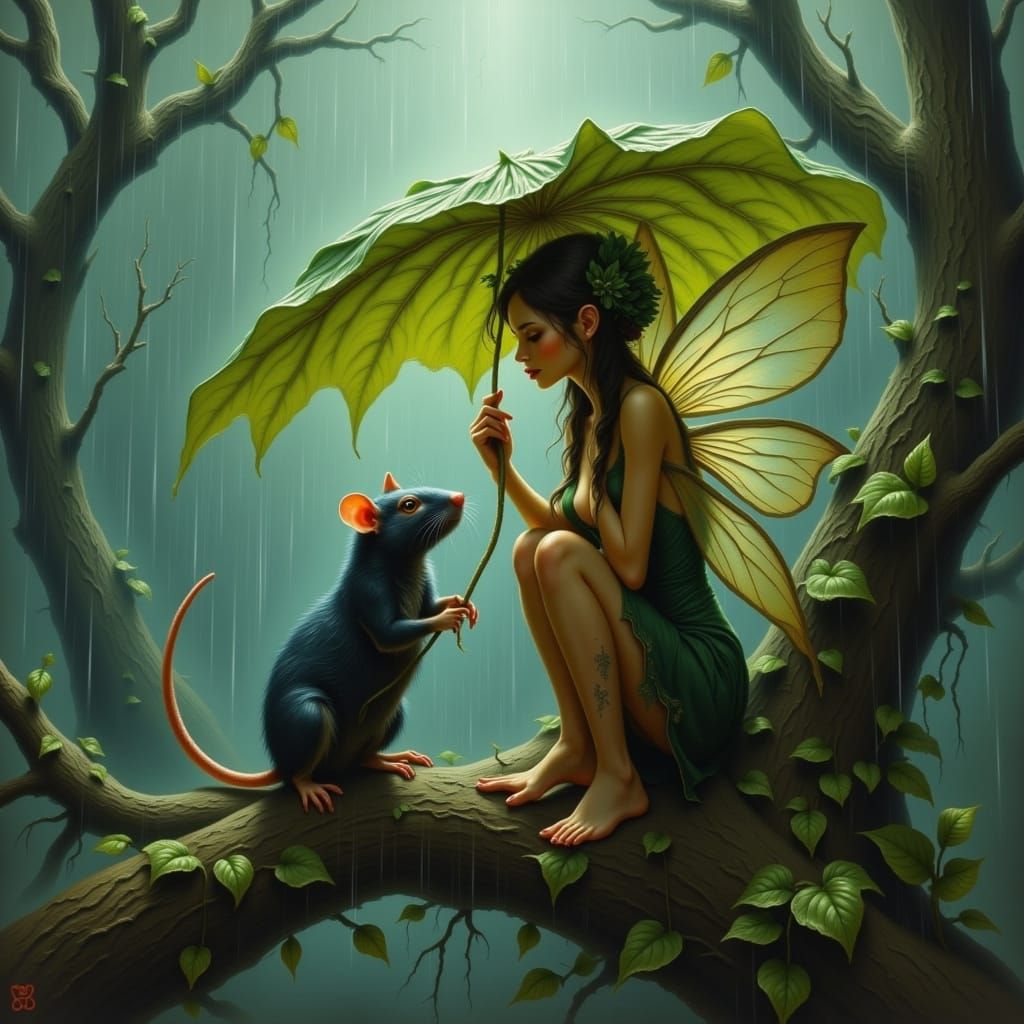Fairy and Rat Guardian Await Rain, Dreamlike Digital Art