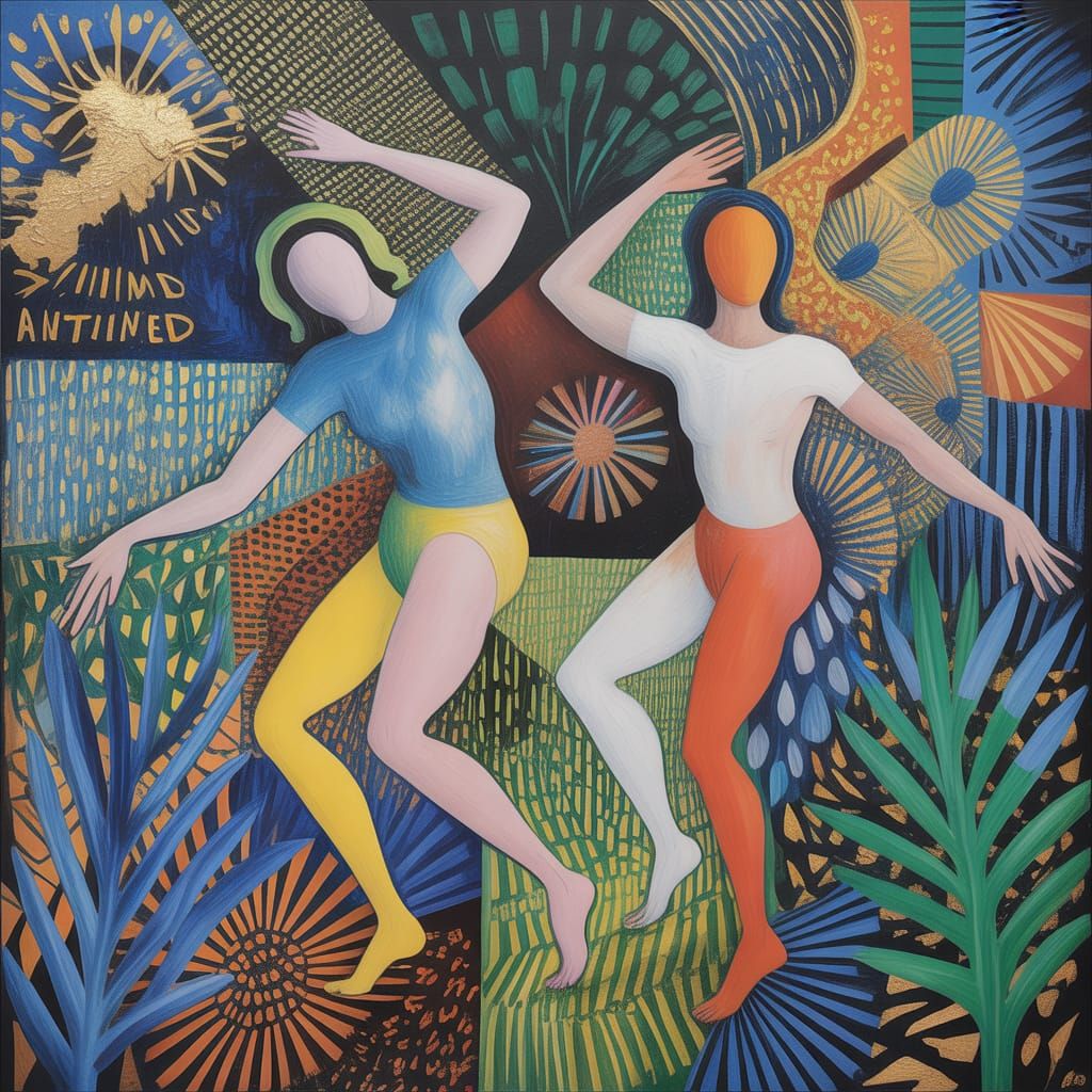 abstract human figures dancing. Dynamic, gestural brushstrok...