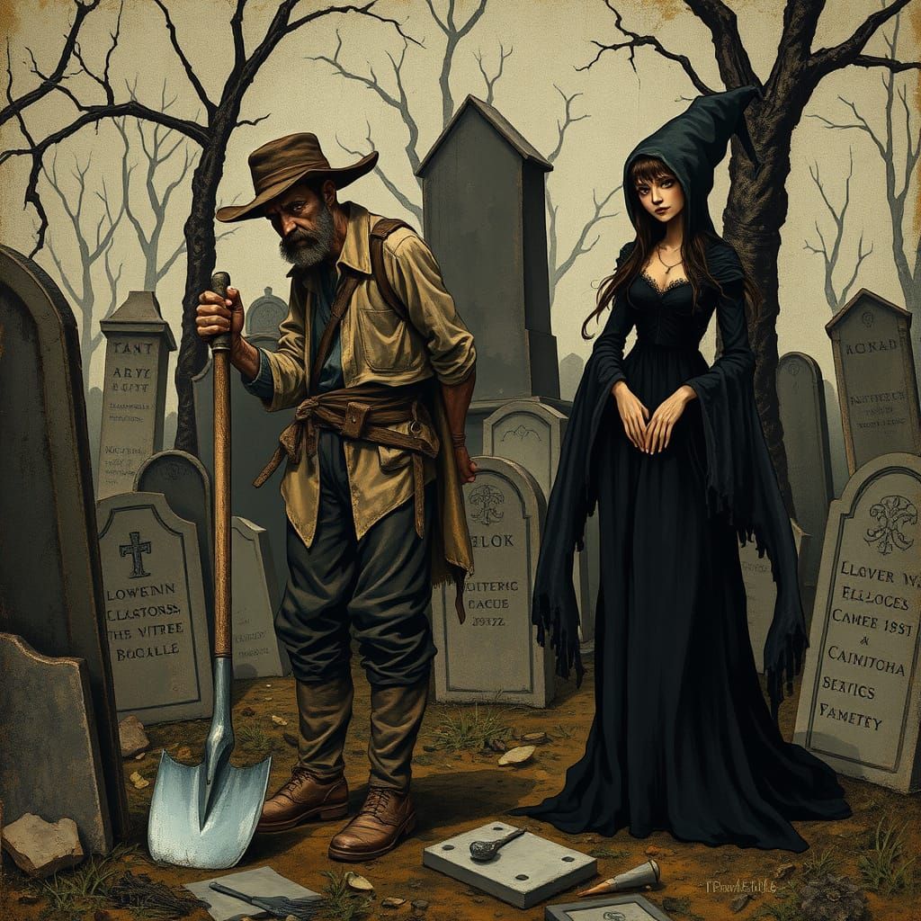 Graveyard Digger and Baba Yaga in Post-Impressionist Style