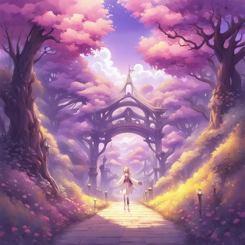 Anime Fantasy World in Pink, Purple, and Yellow