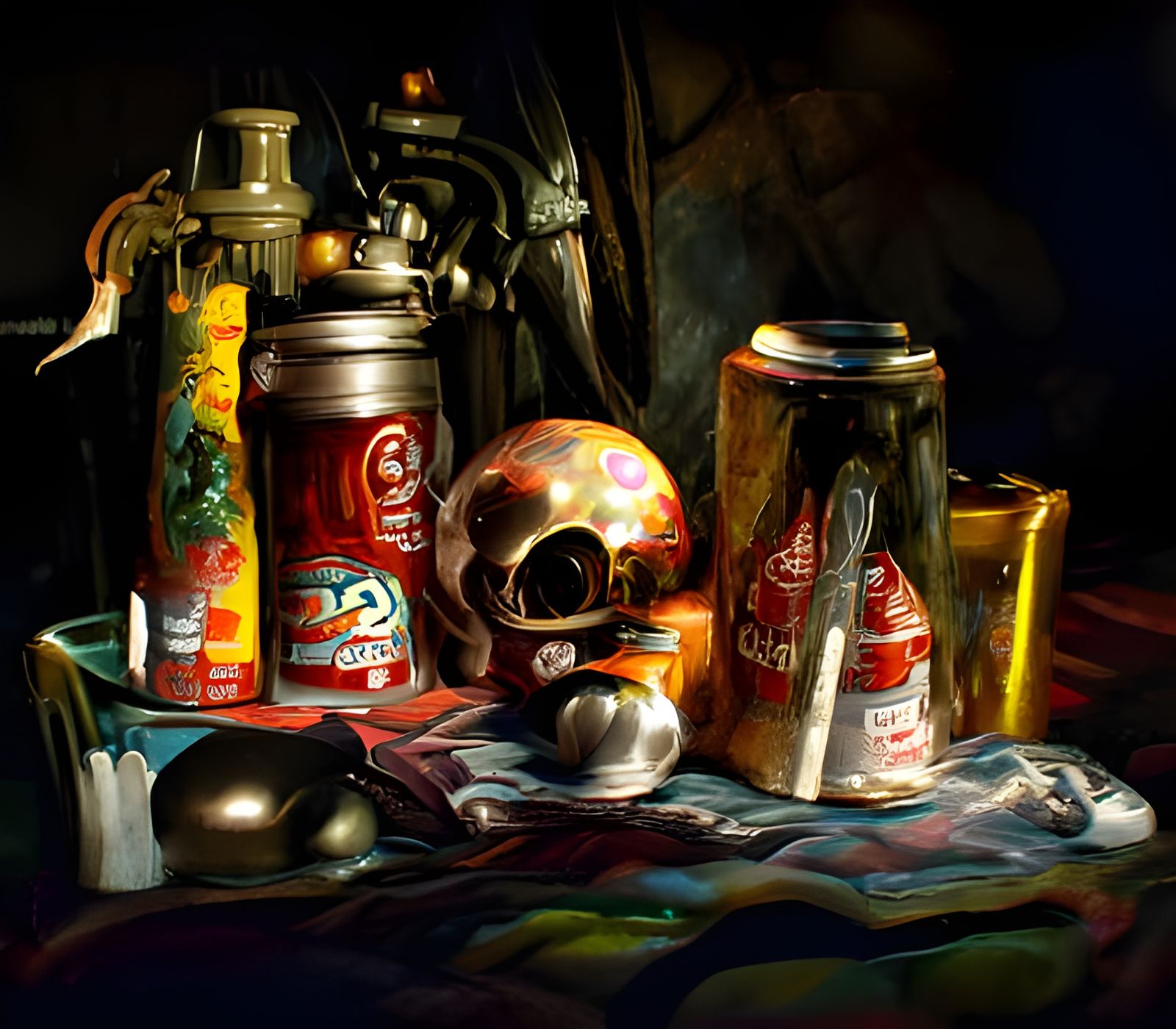 Surreal Still Life: Bottles, Cans, and Skull in Oil