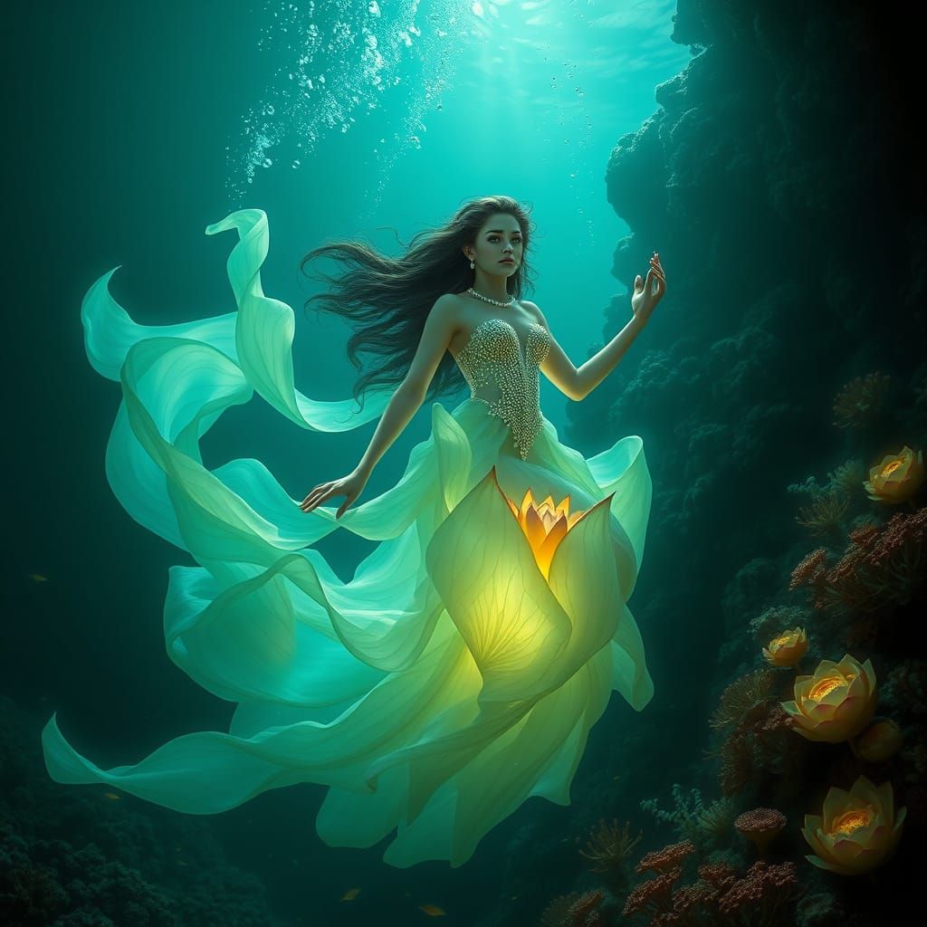 Bioluminescent Water Nymph in Lotus Gown