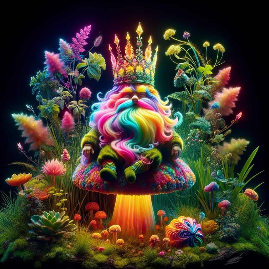 Regal Gnome with Neon Beard in Verdant Setting
