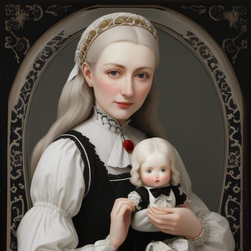 Elegant Woman Holding a Delicate Porcelain Doll