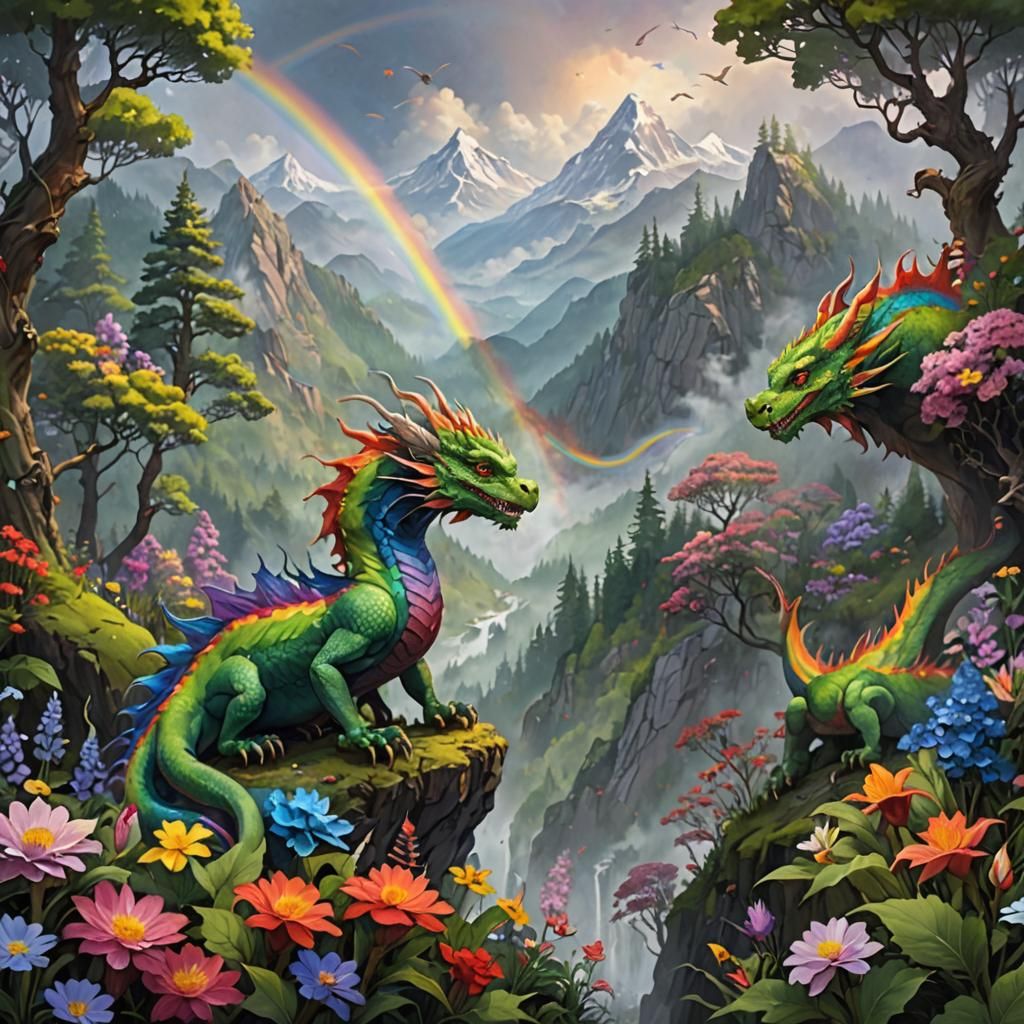 Rainbow Dragons in Mystical Forest Landscape