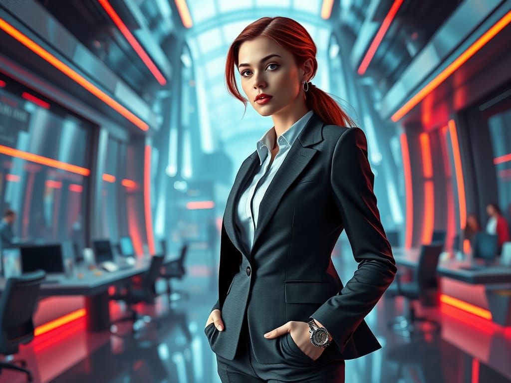 Futuristic Professional in Modern Office, Matte Painting