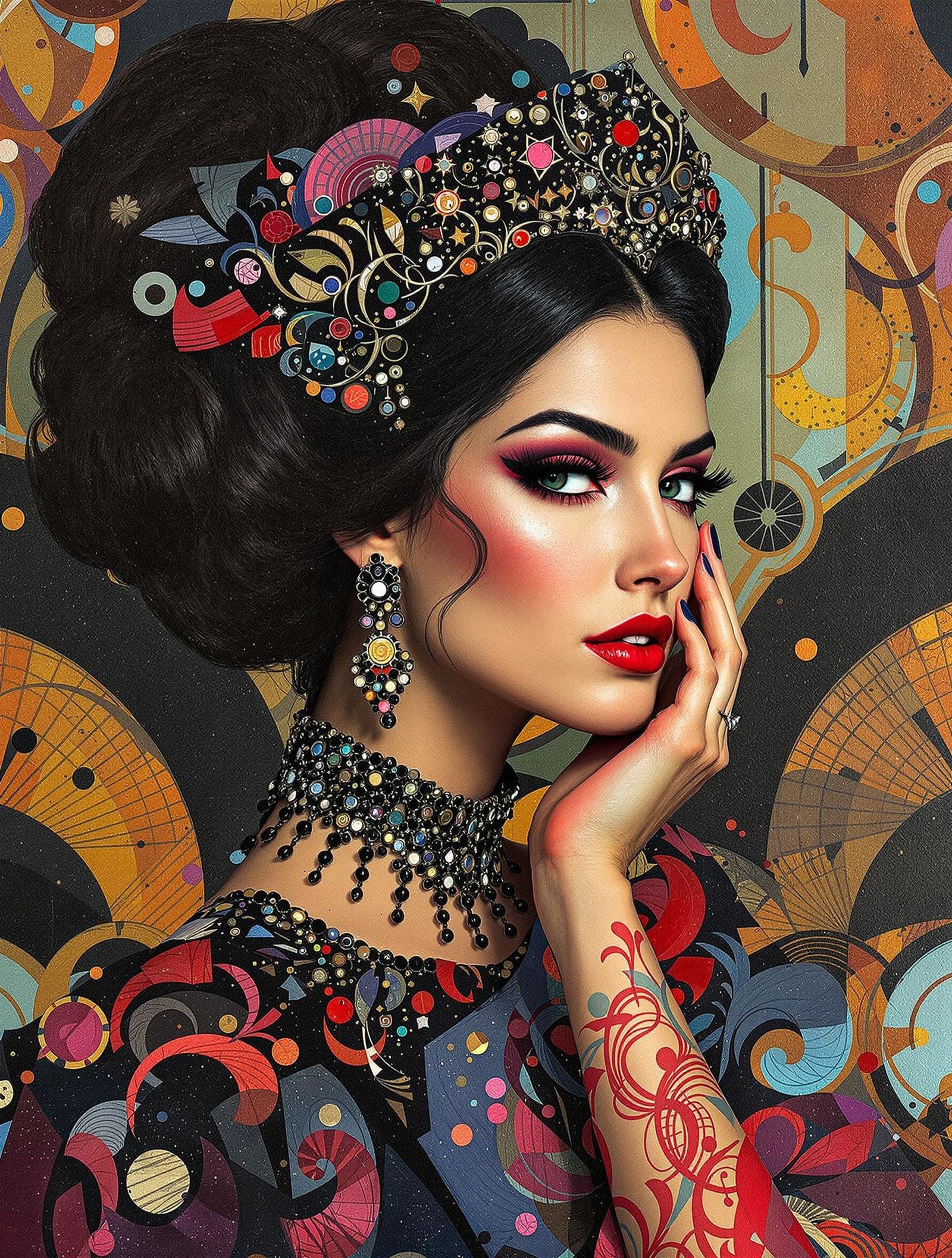 Ornate Woman Portrait in Art Deco Cubist Style